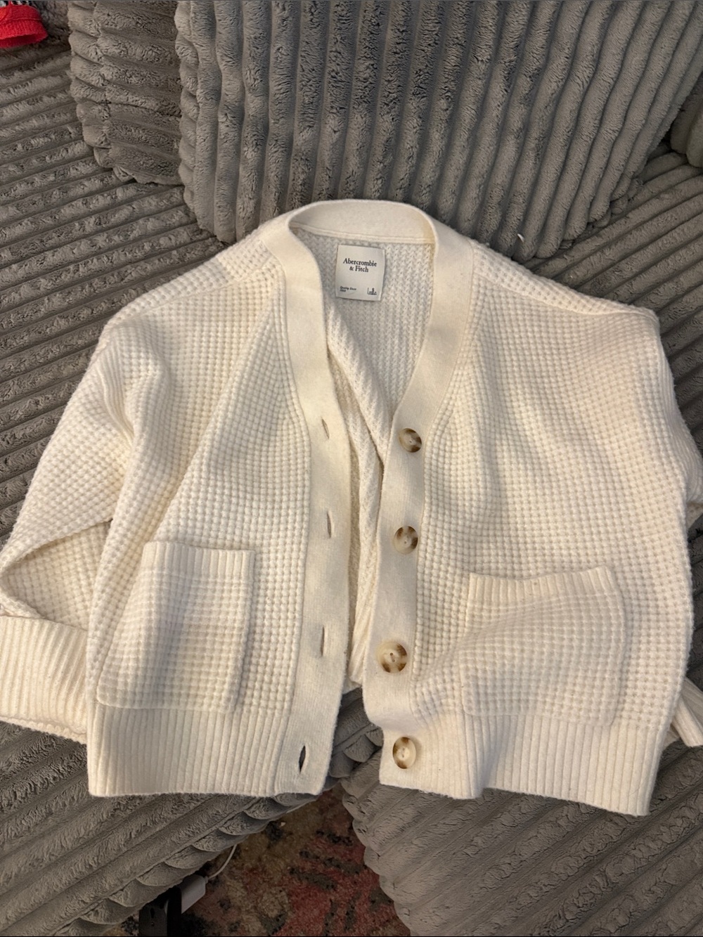 Abercrombie & Fitch Cream Waffle-Knit Button Cardigan